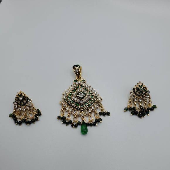 3 PC set Indian bohemian wedding kundan gold emerald jadau earrings necklace set - Picture 7 of 16
